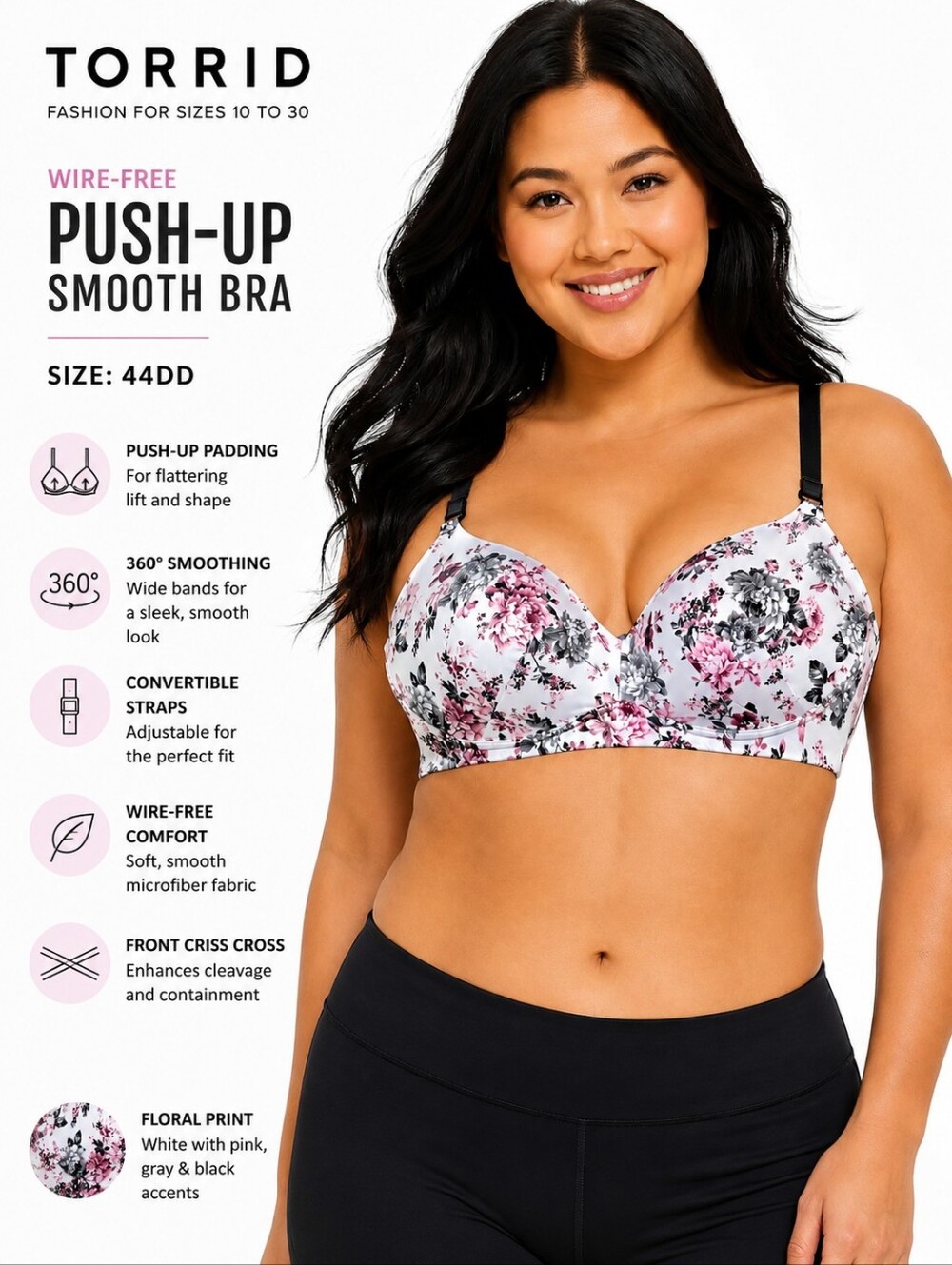 TORRID Wire-Free Push-Up 360 Back Smoothing Bra – Floral Print Size 44DD